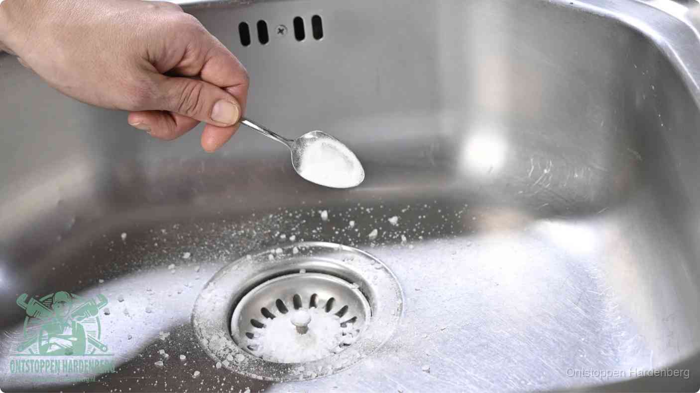 Een hand strooit met een lepel soda in de afvoer van een roestvrijstalen spoelbak, de soda en azijn huismiddel-methode om de afvoer te ontstoppen in Hardenberg