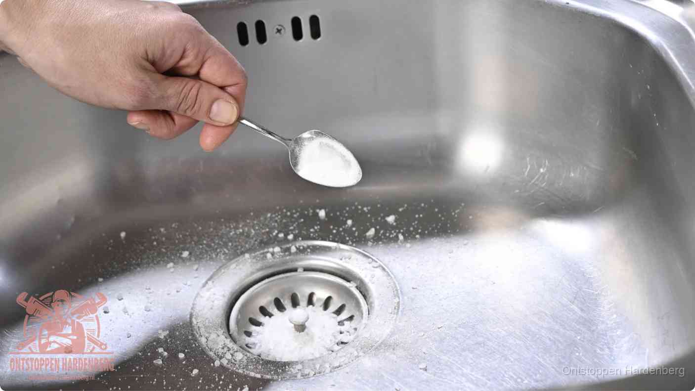 Een hand strooit met een lepel soda in een afvoerputje, de soda en azijn huismiddel-methode om de wc te ontstoppen in Hardenberg
