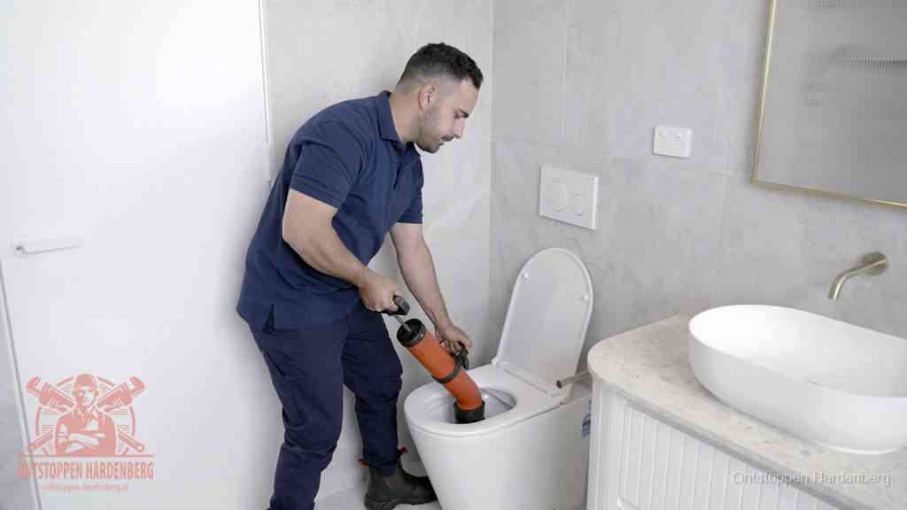 Een monteur gebruikt een handmatige perspomp (toiletontstopper) op een wandcloset tijdens het professioneel wc ontstoppen in Hardenberg